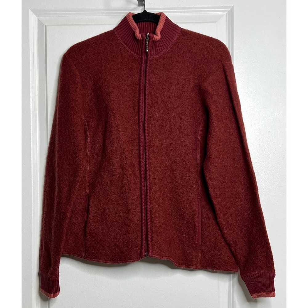 Cabelas Womens Large Burgundy Wool Cotton Full Zip Cardigan Sweater Mock Neck